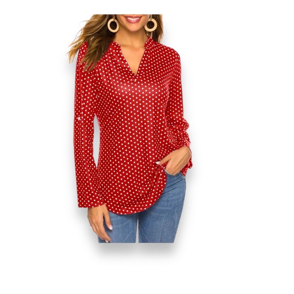 Halife Women's Roll-Tab 3/4 Sleeve Dot Print V Neck Tunic Top Red/White L